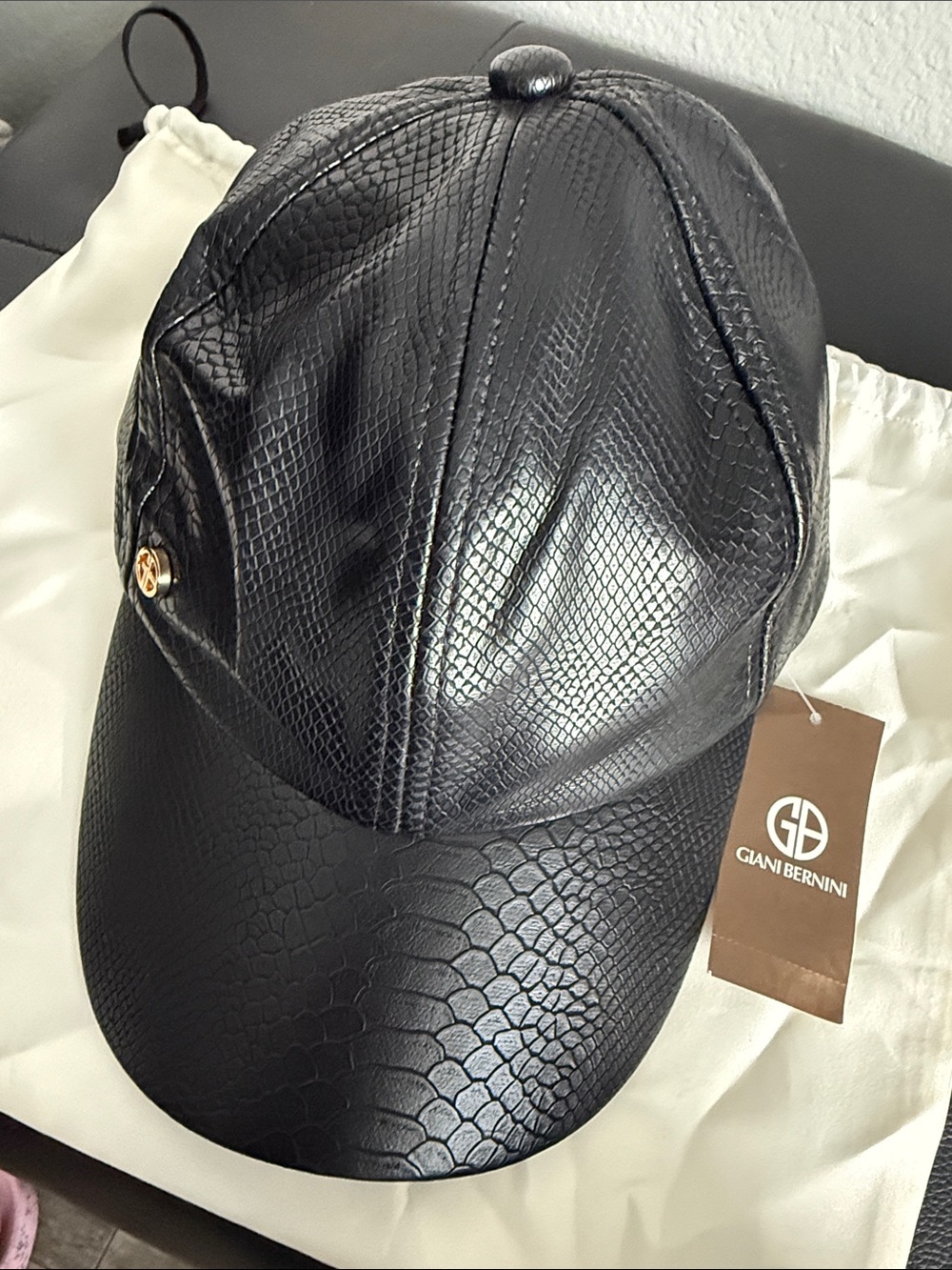 Giani Bernini Black Faux Snake-Embossed Baseball Cap with Gold Accent